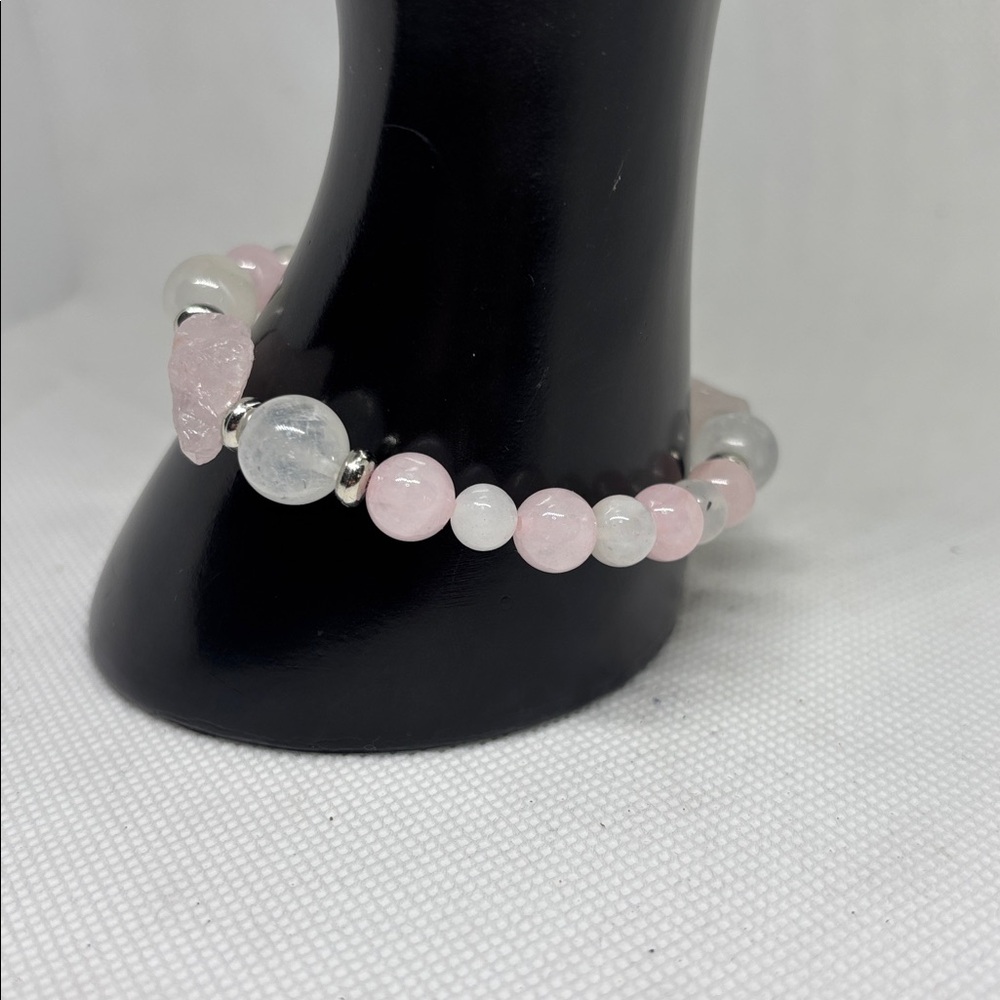 Handmade Rose Quartz and Moonstone Stretch Bracelet Romantic Barbiecore - Picture 3 of 4
